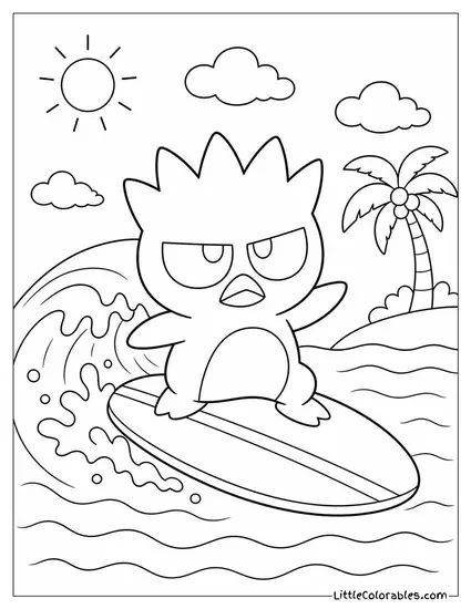 Badtz-Maru on a Surfboard with a Scowl Coloring Page
