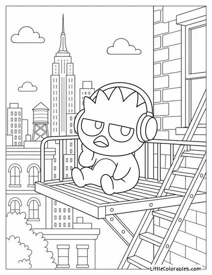 Badtz-Maru with Headphones on a City Fire Escape Coloring Page