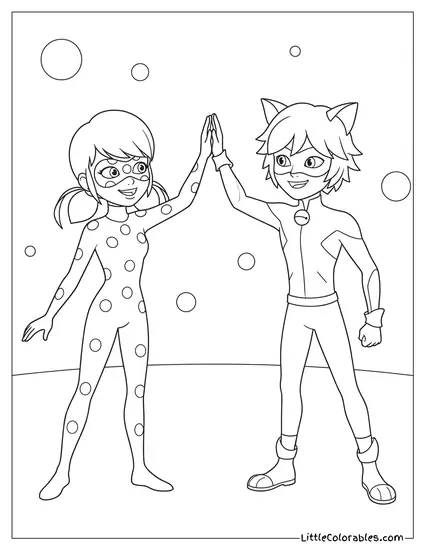 Chibi Miraculous Ladybug High Fiving Cat Noir Coloring Page