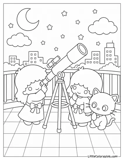 Chococat and Little Twin Stars at a Rooftop Telescope at Midnight Coloring Page