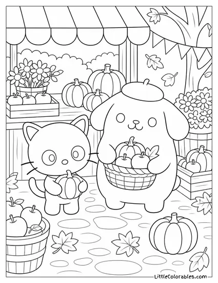 Chococat and Pompompurin at a Cozy Autumn Market Coloring Page