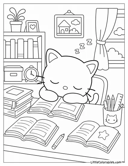 Chococat Asleep at a Desk Surrounded by Open Books Coloring Page