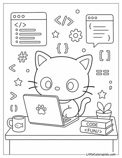 Chococat at a Computer Surrounded by Floating Code Symbols Coloring Page