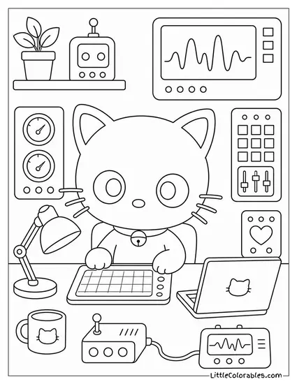 Chococat at a Desk with Gadgets and Blinking Lights Coloring Page