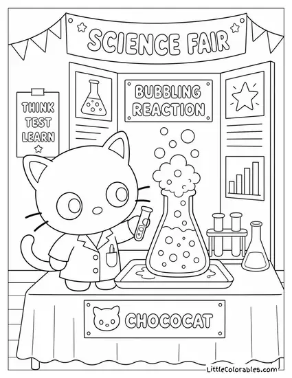 Chococat at a Science Fair with a Bubbling Experiment Coloring Page