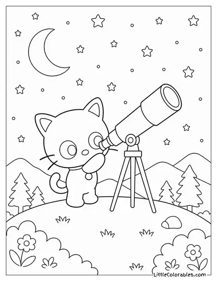 Chococat at a Telescope on a Dark Hilltop Coloring Page