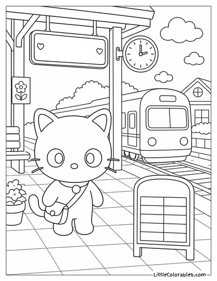 Chococat at a Train Station with a Tiny Schedule Board Coloring Page