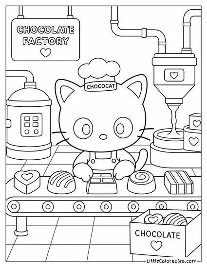 Chococat in a Chocolate Factory on a Conveyor Belt Coloring Page