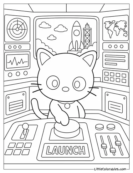 Chococat in a Control Room Pressing a Big Button Coloring Page