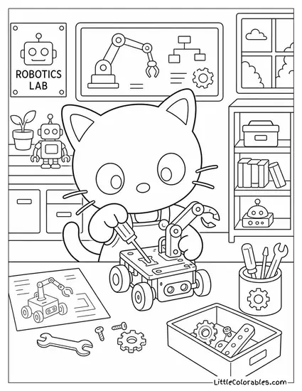 Chococat in a Robotics Lab Building a Small Machine Coloring Page
