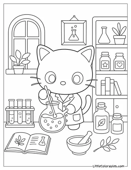 Chococat in a Tiny Lab Coat Mixing Brown Potions Coloring Page