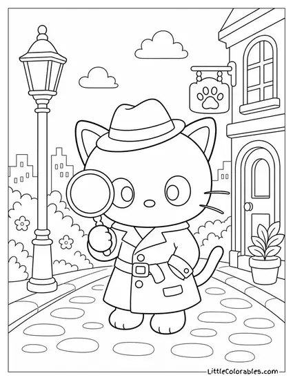 Chococat in a Trench Coat with a Magnifying Glass Coloring Page