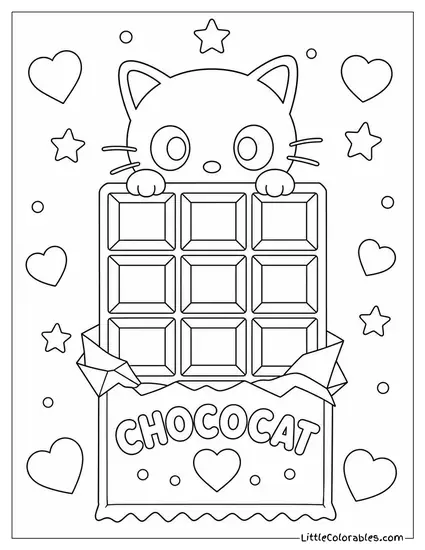 Chococat Peeking Out of a Giant Chocolate Bar Coloring Page