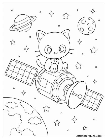 Chococat Sitting on a Satellite Floating in Orbit Coloring Page