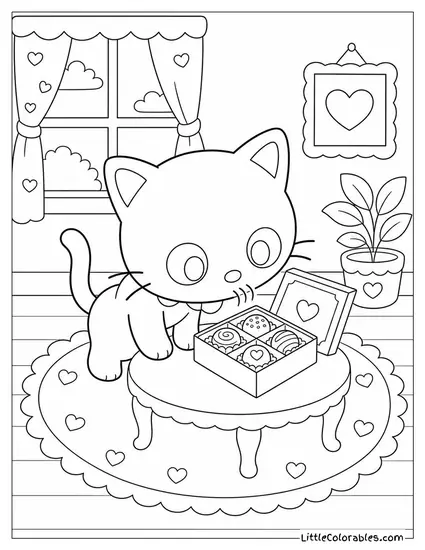 Chococat Sniffing a Tiny Chocolate Truffle Box Coloring Page