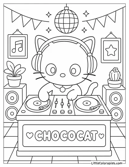 Chococat Wearing Headphones at a Tiny DJ Booth Coloring Page