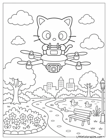 Chococat with a Drone Flying Above a Park Coloring Page