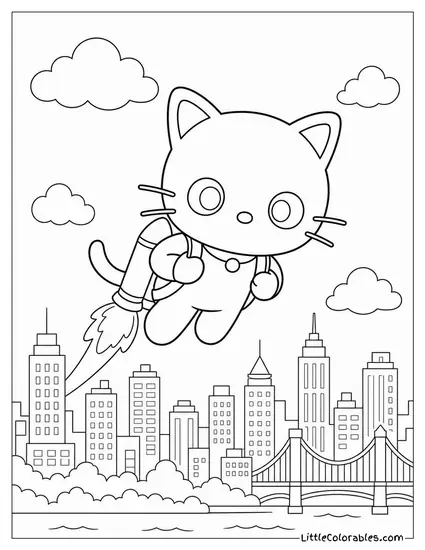 Chococat with a Jetpack Flying Over a City Coloring Page