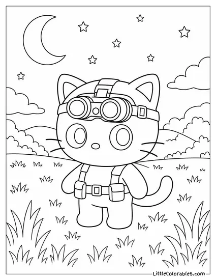 Chococat with Night Vision Goggles in a Dark Field Coloring Page