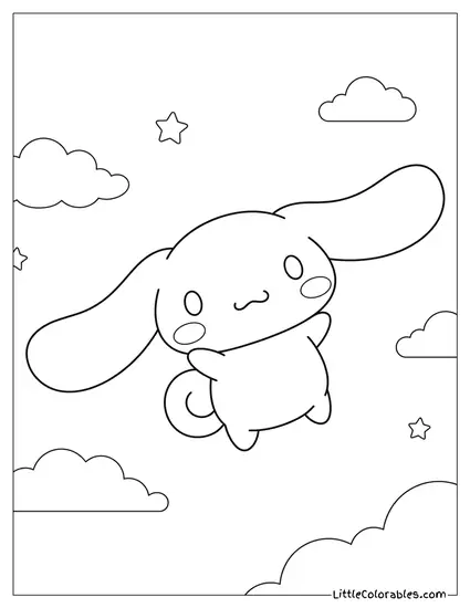 Cinnamoroll Flying Among Clouds and Stars Coloring Page