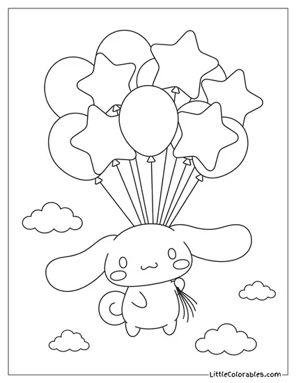 Cinnamoroll Flying with Balloons and Stars Coloring Page