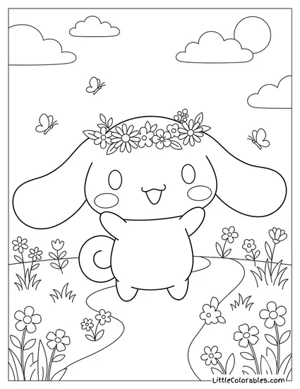 Cinnamoroll Wearing Flower Crown in a Field Coloring Page