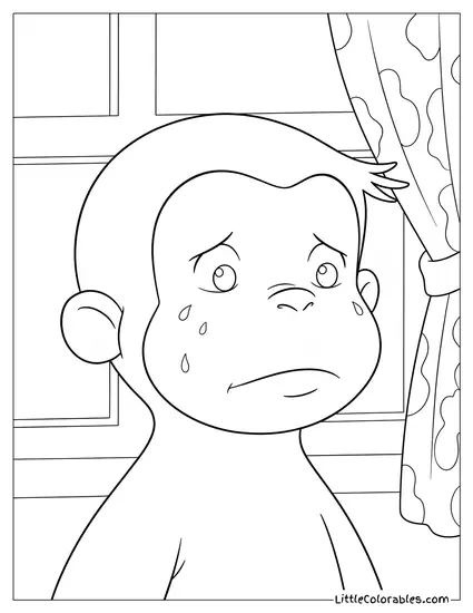 Close Up Curious George Crying Softly With Small Sad Tears Coloring Page