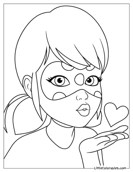 Close Up Miraculous Ladybug Blowing a Kiss Playfully Coloring Page