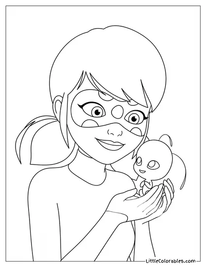 Close Up Miraculous Ladybug Smiling Warmly Holding Tikki Coloring Page