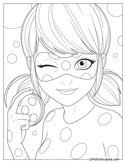 Close Up Miraculous Ladybug Winking Holding Lucky Charm Coloring Page
