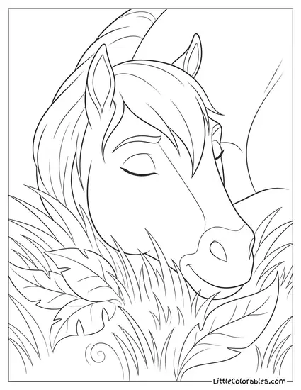 Close Up Spirit the Horse Sleeping Soundly on Grass Coloring Page