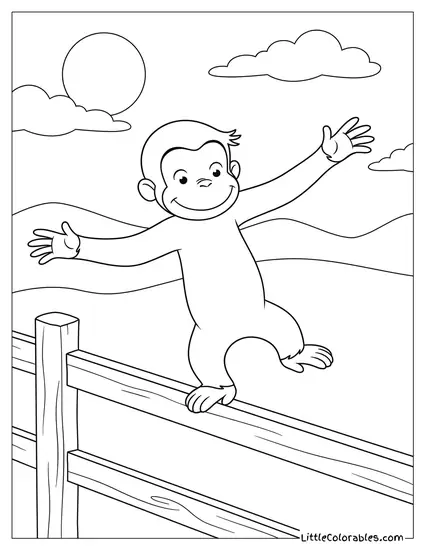 Curious George Balancing Carefully on Top of a Fence Coloring Page