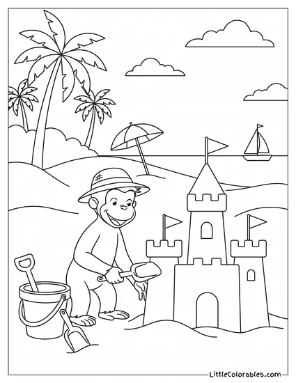 Curious George Building a Large Sandcastle on the Beach Coloring Page