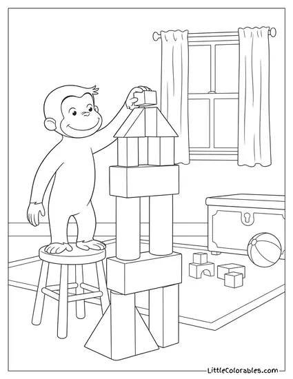 Curious George Building a Very Tall Wooden Block Tower Coloring Page