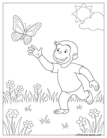 Curious George Chasing a Beautiful Fluttering Butterfly in Grass Coloring Page