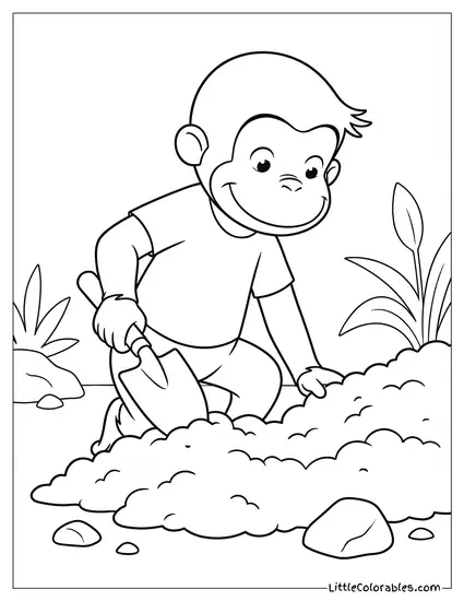 Curious George Digging Deep in Dirt With Small Shovel Coloring Page