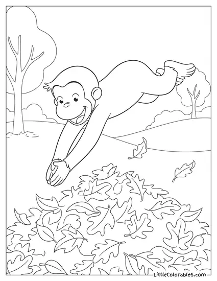 Curious George Diving Into a Pile of Autumn Leaves Coloring Page