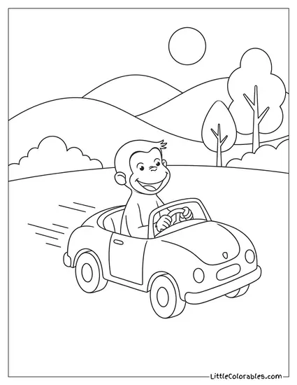 Curious George Driving a Tiny Red Toy Car Fast Coloring Page