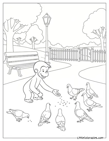 Curious George Feeding Crumbs to a Flock of Pigeons Coloring Page
