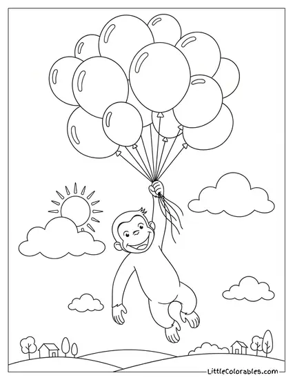 Curious George Floating Up High Holding Colorful Balloons Coloring Page