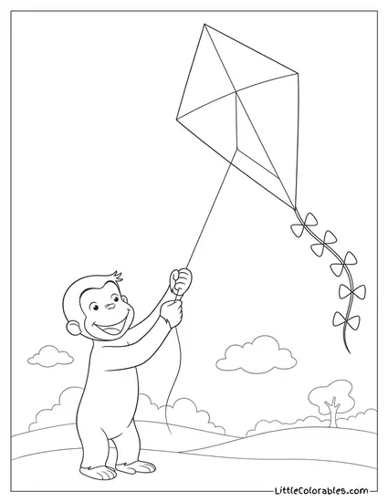 Curious George Flying High Holding Onto Yellow Kite Coloring Page