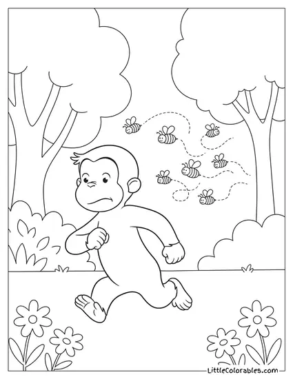 Curious George Frantically Running Away From Buzzing Honey Bees Coloring Page