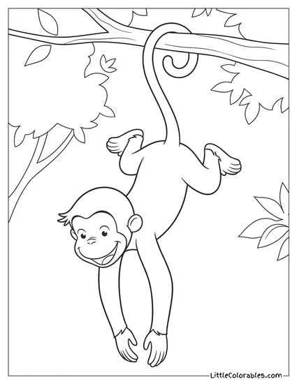 Curious George Hanging Upside Down by His Long Tail Coloring Page