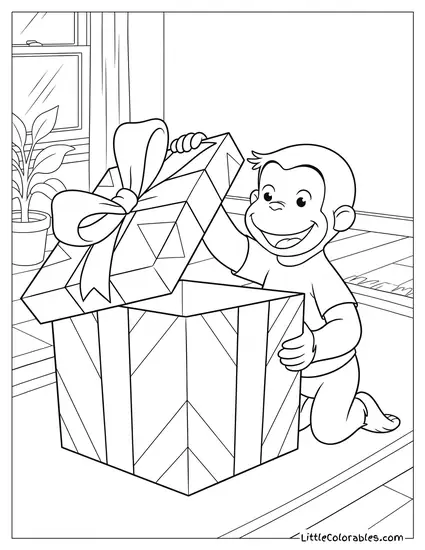 Curious George Happily Opening a Giant Wrapped Gift Box Coloring Page