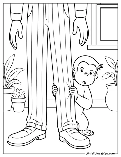 Curious George Hiding Behind the Mans Long Legs Nervously Coloring Page