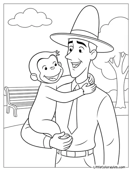 Curious George Hugging the Man in the Yellow Hat Coloring Page