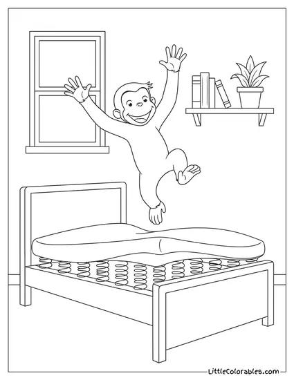 Curious George Jumping Joyfully on Top of a Bed Coloring Page