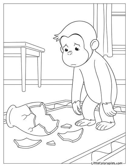 Curious George Looking Guilty Next to a Broken Vase Coloring Page