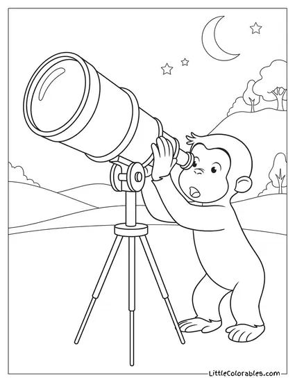 Curious George Looking Through a Large Brass Telescope Amazed Coloring Page