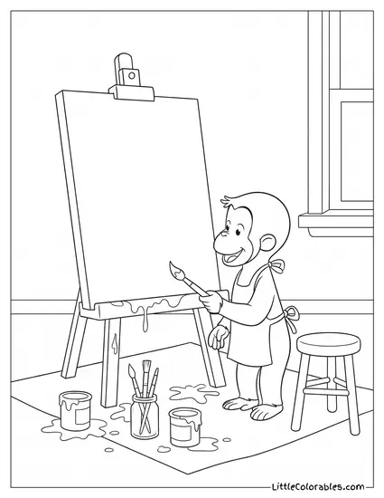 Curious George Painting a Wild Messy Picture on Canvas Coloring Page